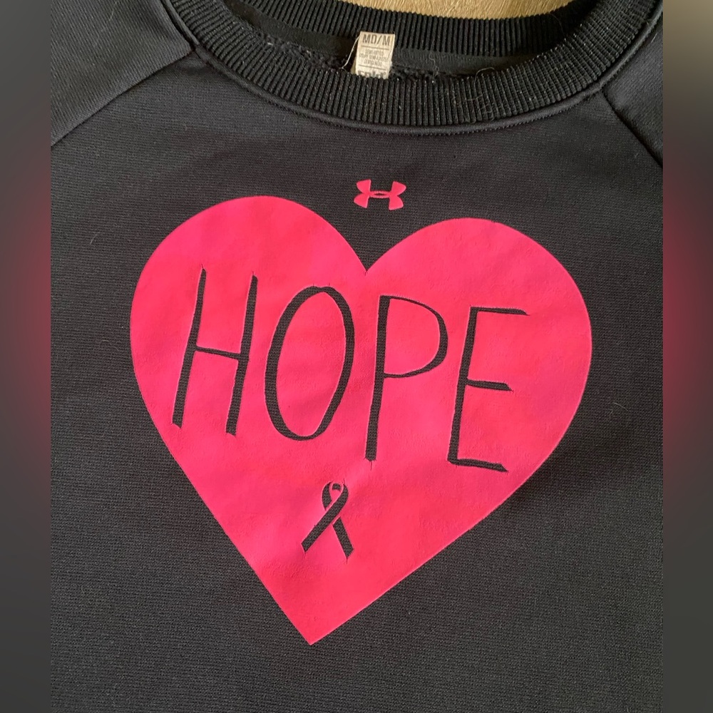 Under Armour sweatshirt, Brest cancer awareness.